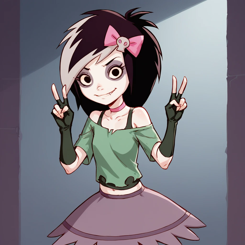 score_9_up, score_8_up, BREAK, Batoria, 1girl, solo, multicolored hair, black hair, black eyes, hair bow, pink choker, green shirt, off shoulder,  fingerless black gloves, long gloves, skirt, cowboy shot, <lora:Batoria_SFLV_PXL_Leaf1:1>, looking at viewer, double v,