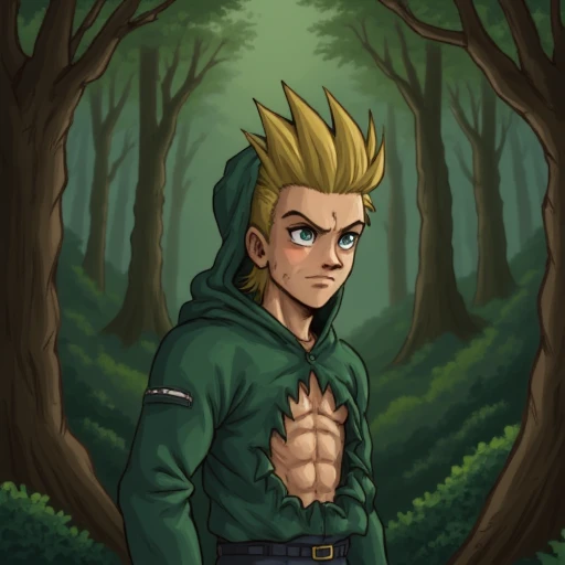 A Young man blonde hair green chaket whith hood and grey pants and black boots and green and blue eyes the chaket is broken and exposed the abs in forest