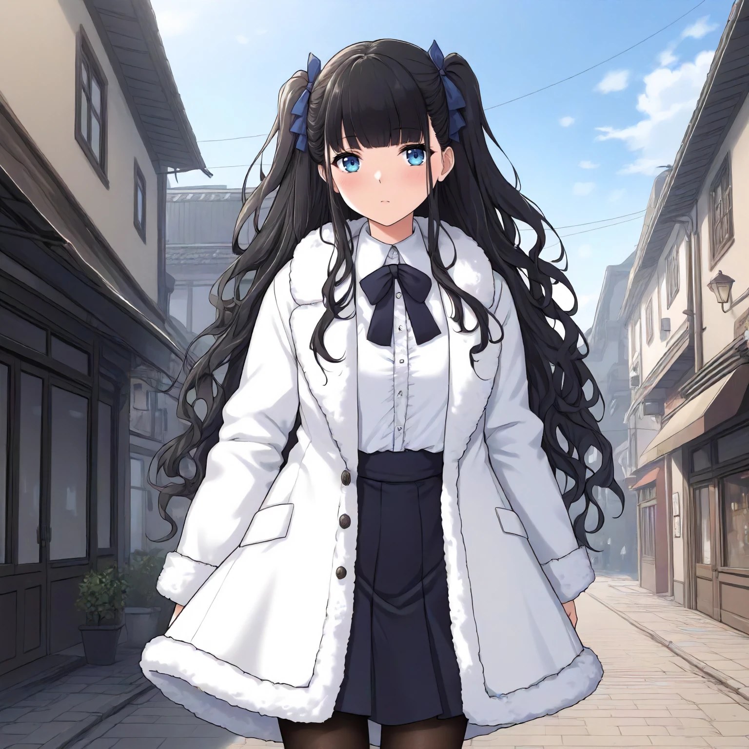 <lora:JJtYM_YusaXL001>,
outdoors,
solo,
Yusa,1girl,black hair,long hair,two -side up,blue eyes,
white coat,fur coat,white shirt,frilled_shirt,
high west skirt,black skirt,
pantyhose,