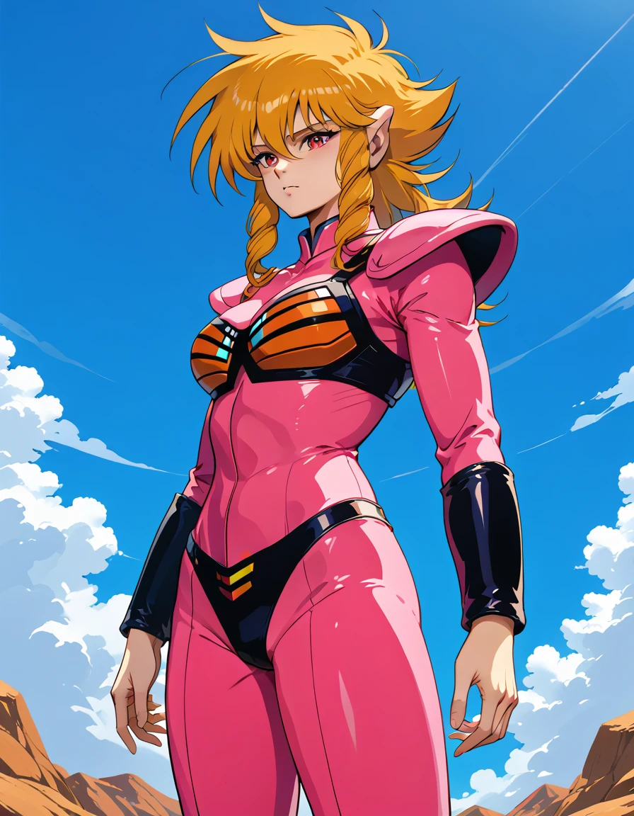 <lora:iczer1_Pony_XL_V1:1>iczer1, beam from hand, pink body suit, arm guards,  bikini armor, armor light indicator, kneehigh boots, out of earth,