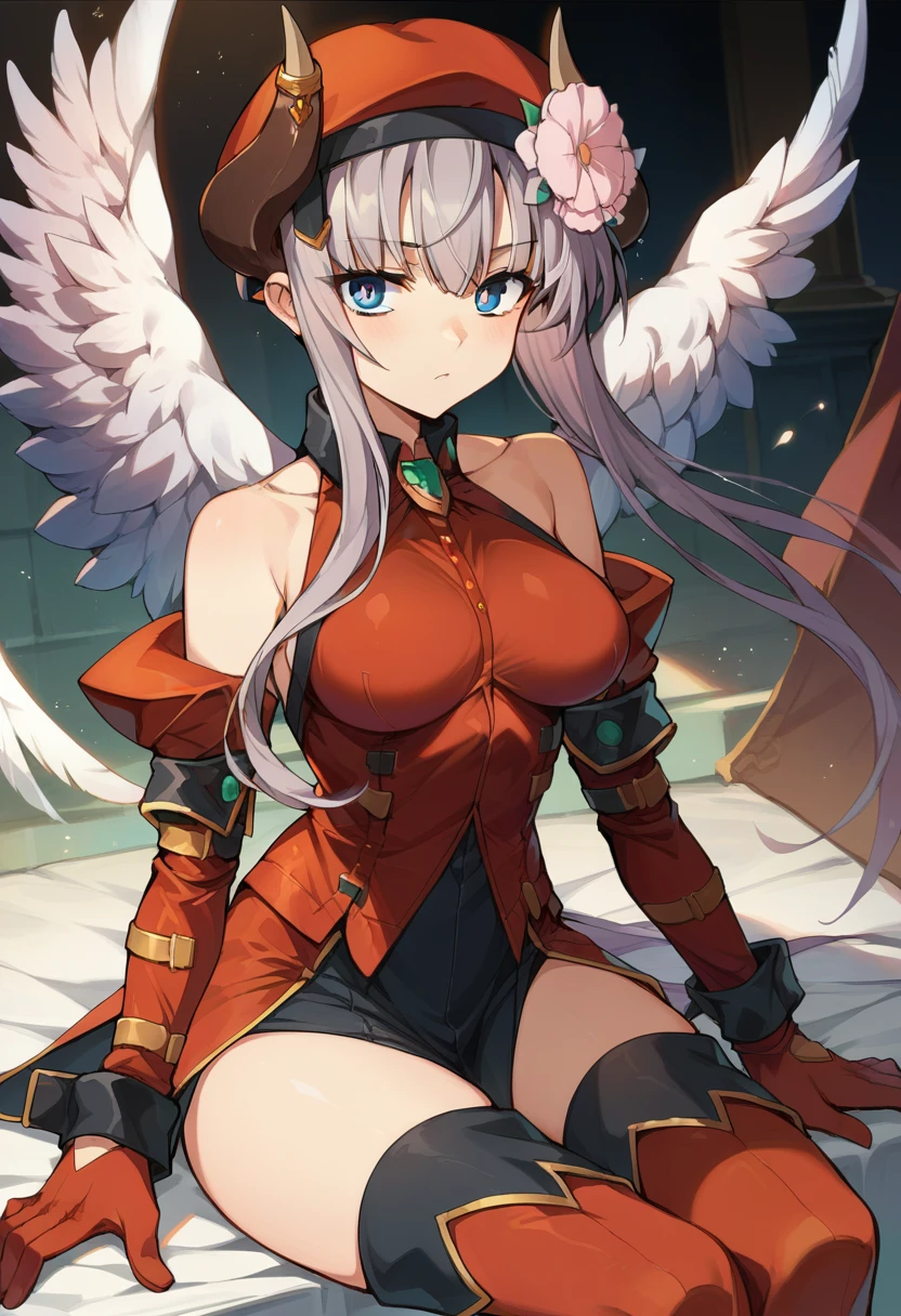 score_9, score_8_up, score_7_up, source anime, la hawzel, 1girl, solo, thighhighs, wings, long hair, grey hair, blue eyes, gloves, horns, detached sleeves, sitting, angel wings, bare shoulders, red beret, red military unifom, hair flower, <lora:la_hawzel-xl-pony-v1:1>,