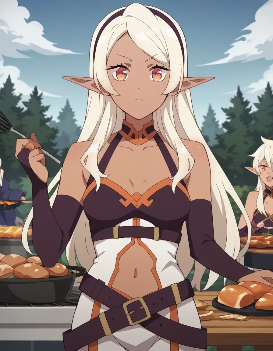 score_9, score_8_up, score_7_up, source_anime, <lora:farming-isekai-ya-s1-ponyxl-lora-nochekaiser:1>, ya, long hair, white hair, hairband, pointy ears, dark skin, dark-skinned female, orange eyes, black hairband, elf, dark elf, medium breasts,, gloves, navel, bare shoulders, collarbone, elbow gloves, belt, bridal gauntlets, navel cutout,, backyard, barbecue, grilling, laughter, summer evening, , , hand palm facing down, solo,, cowboy shot, dutch angle