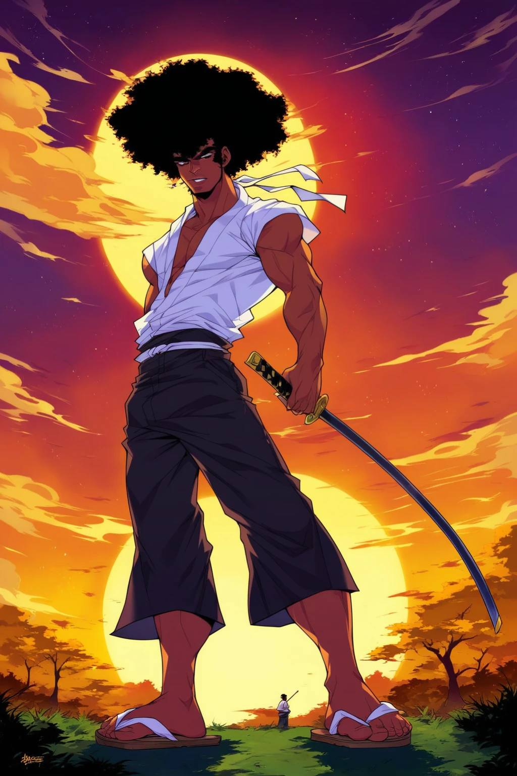 score_9, score_8_up, score_7_up, score_6_up, score_5_up, score_4_up, masterpiece, high quality, BREAK, full body, BREAK, 1boy, <lora:Afro_Samarai:0.9> AfroSamarai, black hair, afro, katana, tanned skin, wood sandals,