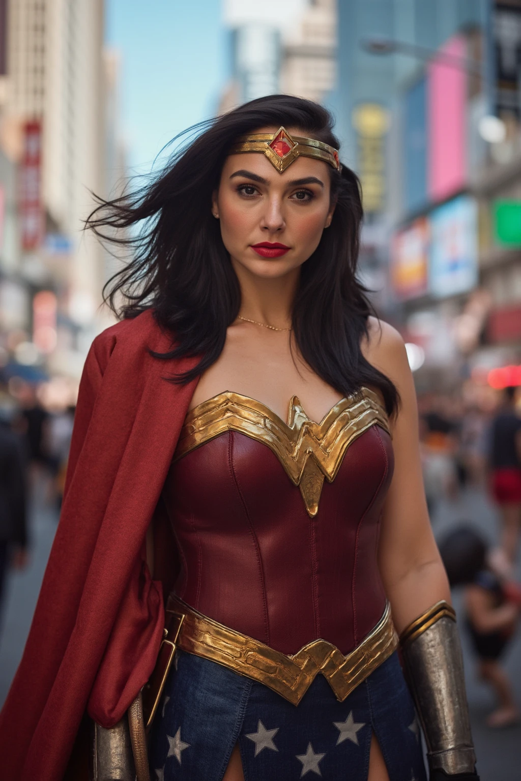 Instagram photo of young woman G41G4d0t cosplaying as Wonder Woman stands confidently in a vibrant urban setting. She wears the iconic red, gold, and blue costume, complete with a tiara, gauntlets, and a lasso at her side. The background is a bustling city street with tall buildings and bright lights. Her expression is fierce and determined, embodying the strength and grace of the superhero. The scene is dynamic, with a slight wind blowing through, adding movement to her hair and cape.
