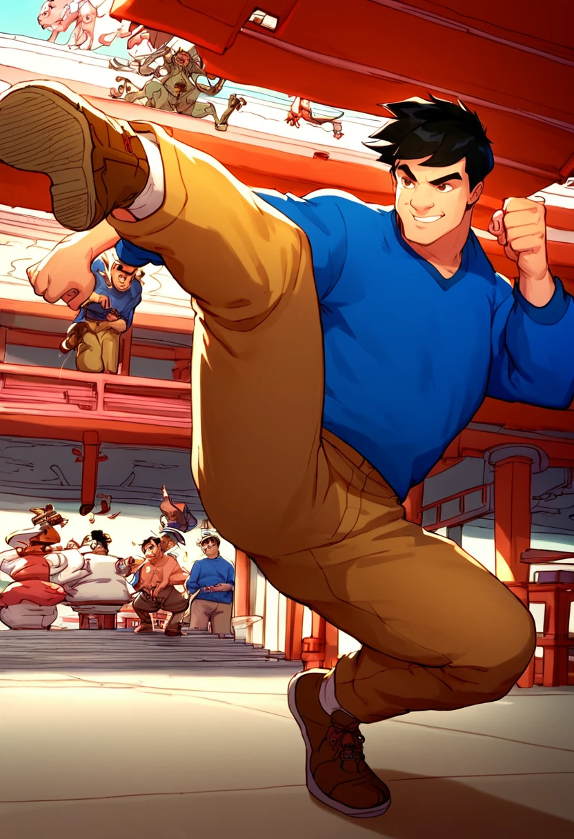 Ugly score_9, score_8_up, score_7_up, JackieChanADV, smiling, blue shirt, tan pants, brown shoes, leg kick, fighting stance, incoming attack, full body, east Asian architecture, <lora:JackieChanADV-Pony:1>, <lora:muay_thai_kick:0.8>,