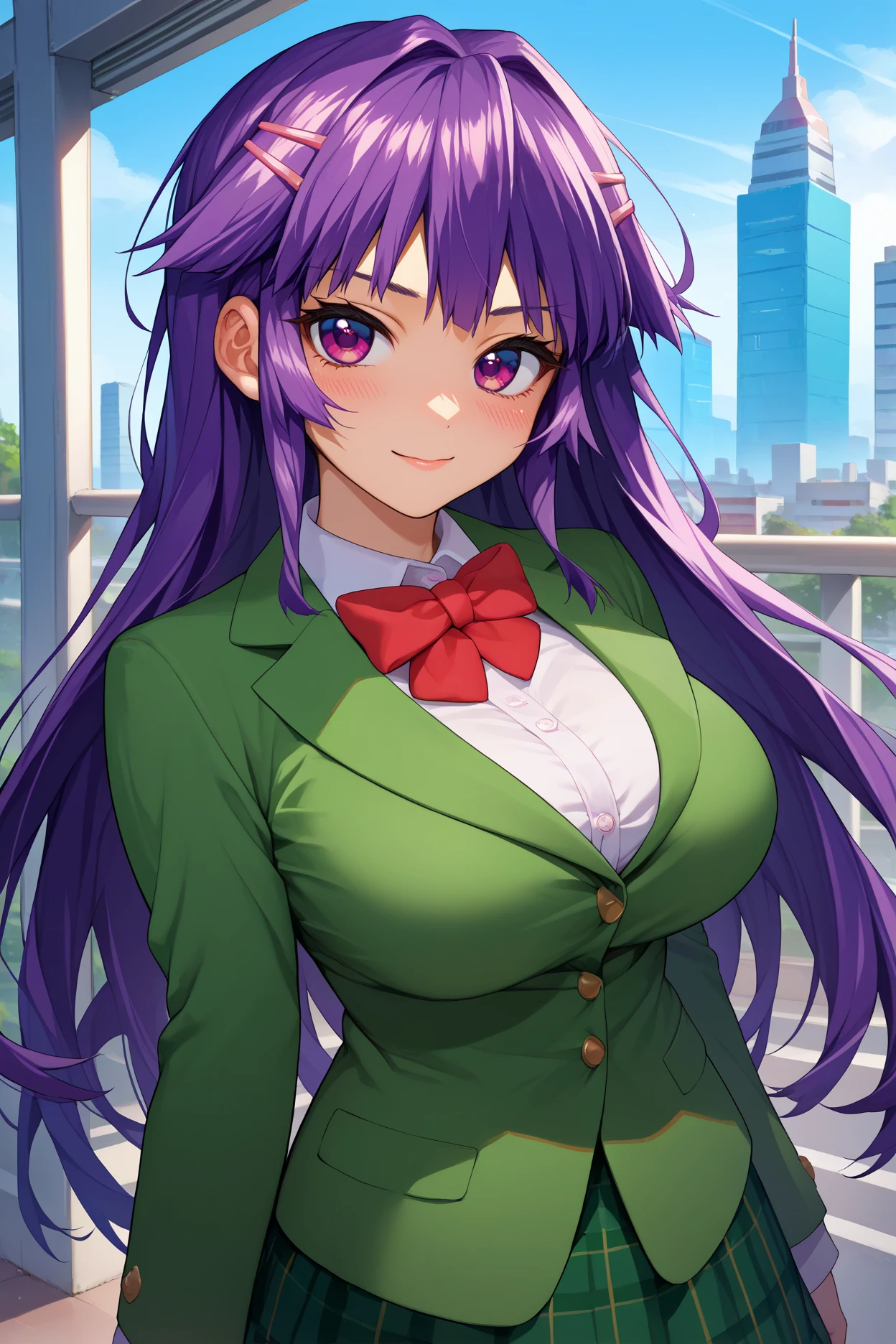 score_9, score_8_up, score_7_up, score_6_up, source_anime, 1girl, solo, <lora:shiinachizuru-pdxl-nvwls-v1-000005:1> schzru, purple hair, long hair, purple eyes, hairclip, green blazer, red bow, bowtie, green skirt, plaid skirt, large breasts, looking at you, upper body, blue sky, trees, city, happy, blush, thighs, embarrassed, smile