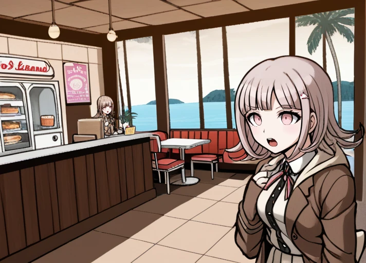<lora:Chiaki_Nanami_SDXL:1>, solo, sitting at diner booth, The image is a screenshot from the Danganronpa S and is in danganronpa sprite style. Chiaki Nanami's wearing her uniform from Danganronpa 3. Chiaki Nanami has short hair that slightly curls outwards, though the locks on either side of her face curl inwards. Chiaki Nanami's hair is a dusty light pink that is almost light brown. Chiaki has short straight bangs split towards the right, a white Galaga hairclip pinned to a lock of her hair. Chiaki Nanami has blossom pink eyes. Chiaki's uniform consists of a white button-up dress shirt with a red ribbon tied in a bow at the collar, with a warm brown blazer with a cream-colored hooded cardigan underneath her blazer. She also sports black thigh-high socks and light pink Mary-Jane style shoes with white soles. Chiaki Nanami has an expression conveying sudden realization. The setting is the diner on Jabberwock Island. It's a small, well-lit diner that looks like a 1950s diner. Chiaki is sitting at one of the booths eating a hamburger, a concerned look on her face as she looks out the window to her right. It has various booths, tables, and a countertop. Large windows line the right side of the diner and palm trees can be seen outside. The ocean is visible through the windows at a distance. Behind the countertop are a variety of drinks and snacks. The walls are a light beige with brown tiles on the top portion. The top of the image is the ceiling with brown-tinted lights and several surveillance cameras. The whole image is well-lit with the majority of the illumination coming from the lights on the ceiling. Outside the window a young blond girl with her hair in twintails and wearing a kimono is crying as she runs down the path.