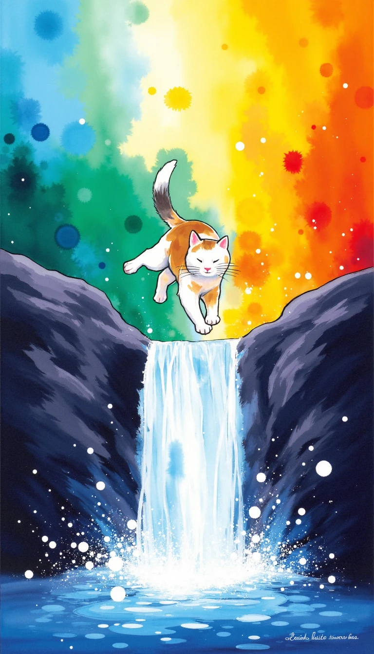 A minimalist Vibrantart of a scottish cute cat jumping out of a waterfall of color