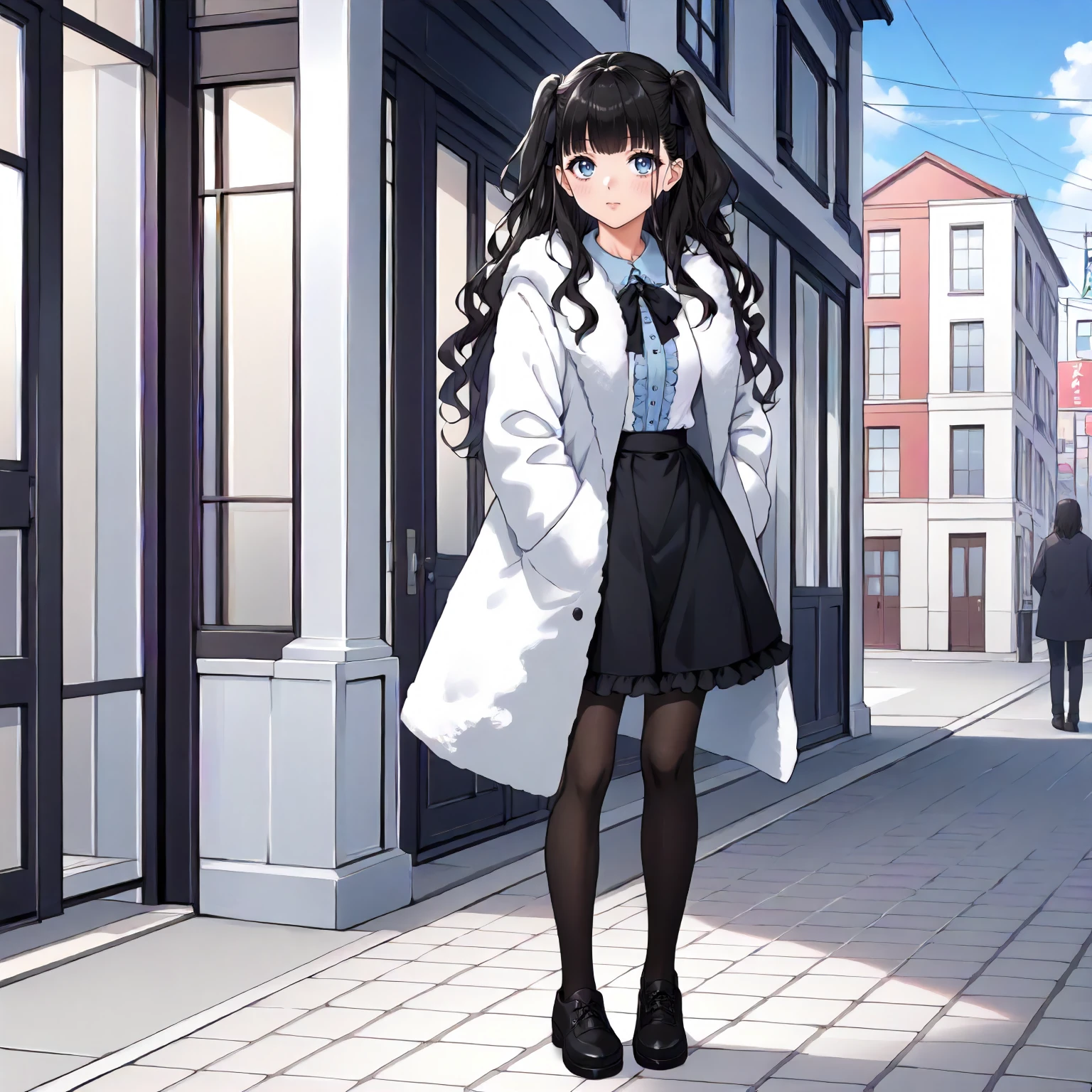 <lora:JJtYM_YusaXLpony002>,
outdoors,
solo,
Yusa,1girl,black hair,long hair,two -side up,blue eyes,
fur coat,white shirt,frilled_shirt,high west skirt,black skirt,pantyhose,
full body,standing,