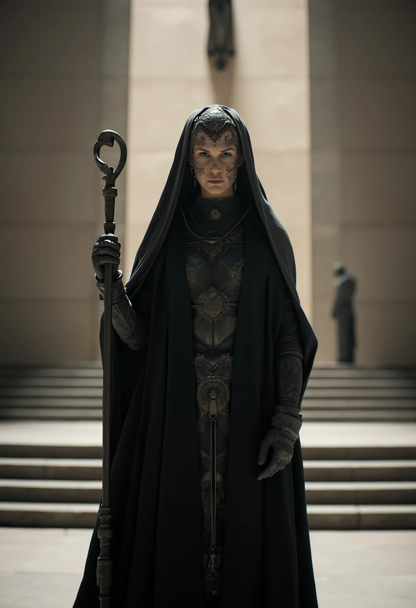 A cinematic scene of a priestess in ceremonial robes, holding a scepter, standing in the interior of a modern, minimalist, but somber cathedral. Her expression is of serious contemplation. She wears intricate headgear. The color palette is muted, and the overall mood is of solitude and contemplation. The image quality is film-like, cinematic and with film grain.