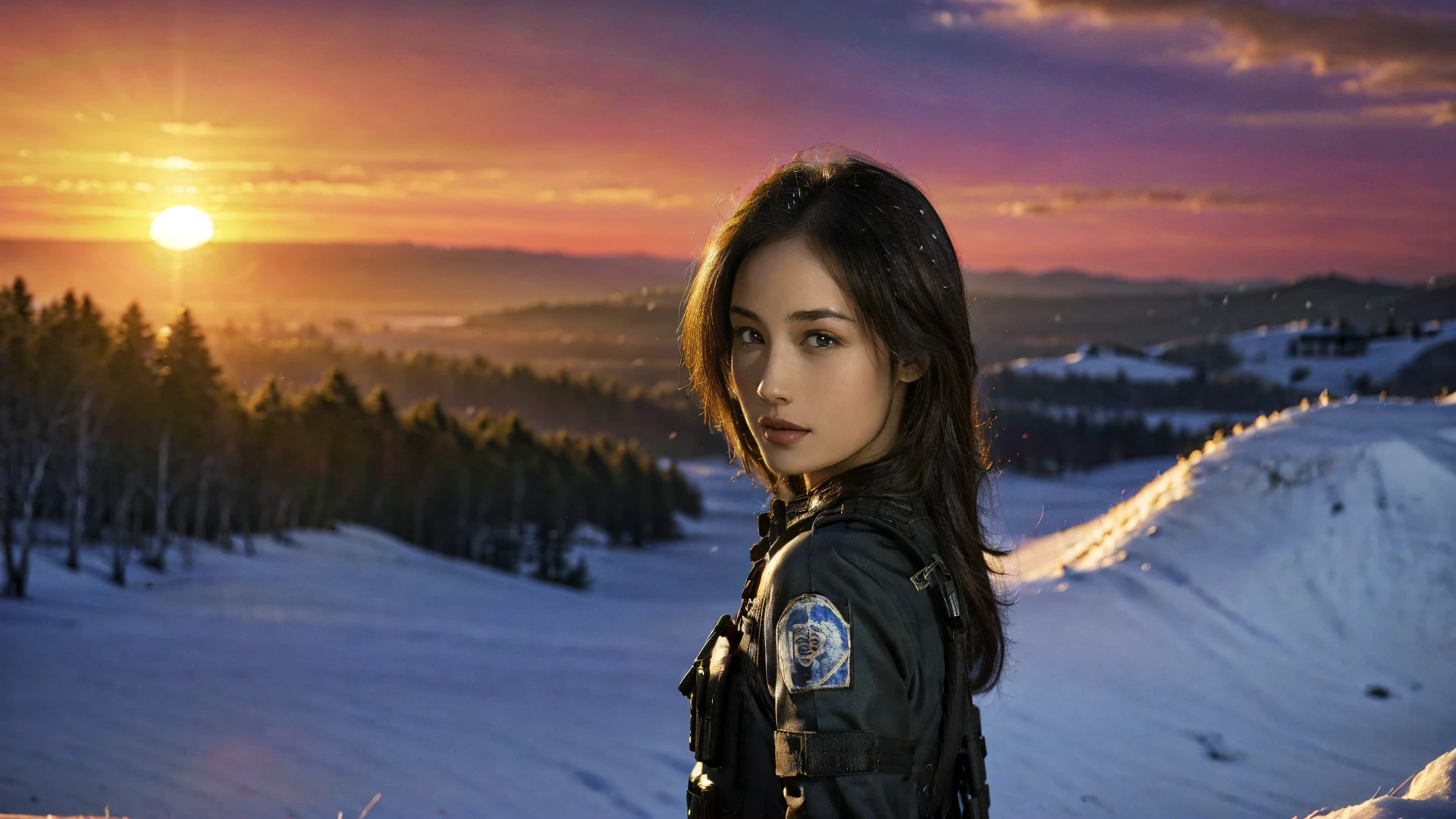 1girl,solo,long hair,brown hair,brown eyes,swat,police uniform,bulletproof vest,looking at viewer,outdoors,((sunset:1.5)),scenery,((snowing)),Highly detailed,portrait,realistic,(ultra-detailed),(best quality,masterpiece:1.5),<lora:SWAT:0.65>,<lora:Maggie Q:0.55>,