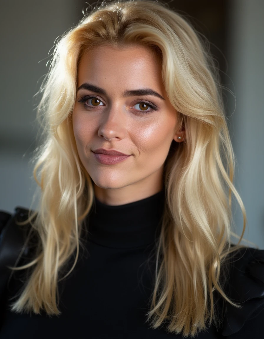 portrait photo of a blonde female in turtleneck <lora:CLS-step00001500:1.3>