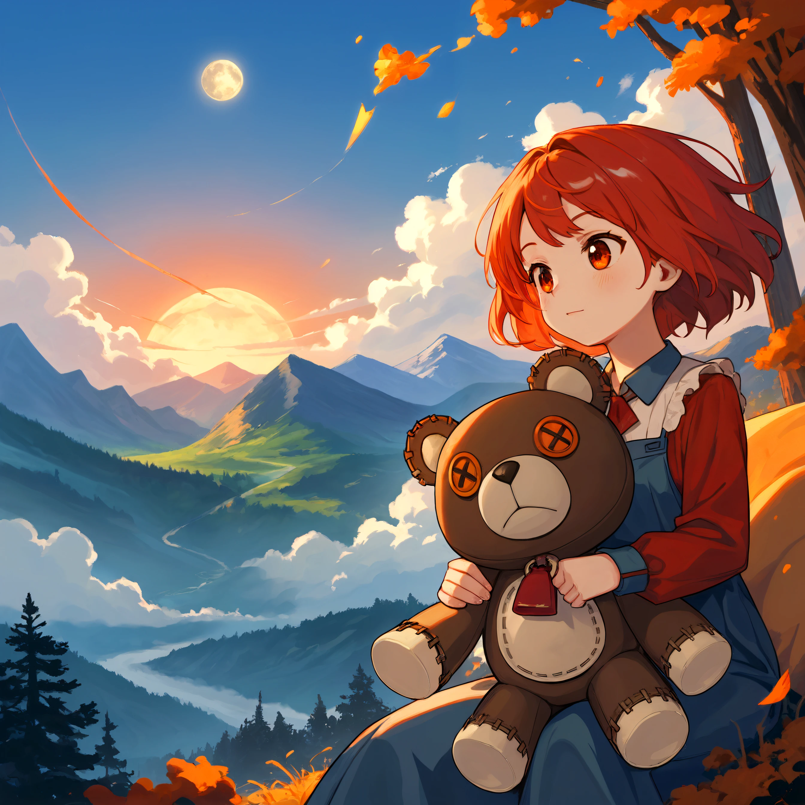 (score_9, score_8_up, score_7_up),source_anime, Gu1ltyG3arStr1veR0g3r, stuffed_toy, stuffed_animal, teddy_bear, x_x, button_eyes, nature, mountains, tyndall effect, sunset glow, floating ashes,beautiful, detailed, red moon,fire cloud, cloudy sky