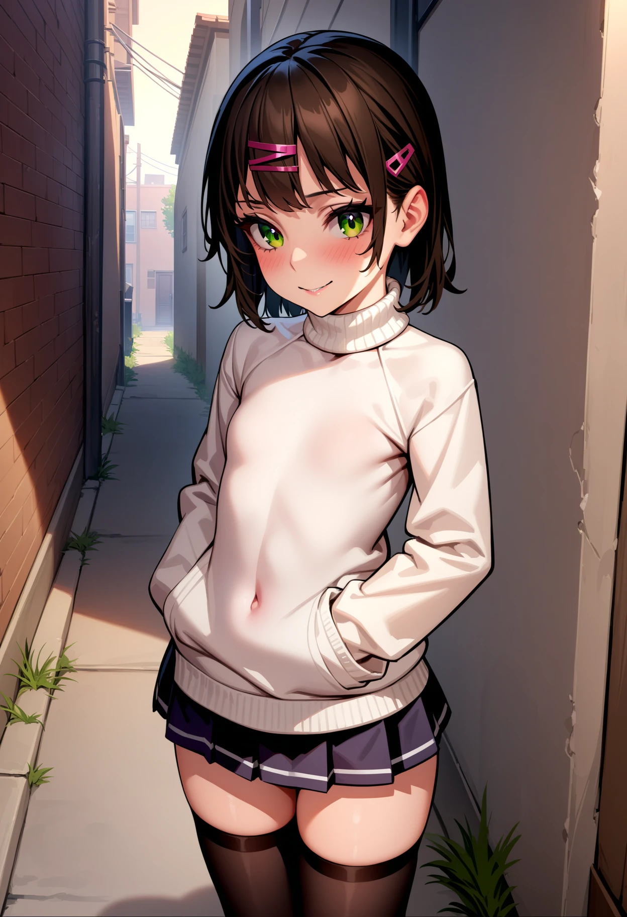 masterpiece,best quality,very aesthetic,absurdres,
1girl,
<lora:Shoujo_v1+2:1>,shoujo02,hairclip,white sweater,white turtleneck sweater,pleated_skirt,zettai ryouiki,black_thighhighs,sneakers,<lora:Fixhands_anime_bdsqlsz_V1:1>,back alley,cowboy_shot,kind_smile,blush,light_blush,, masterpiece,best quality, very aesthetic, absurdres, ultra detailed, high resolution, 4k, extremely detailed CG,