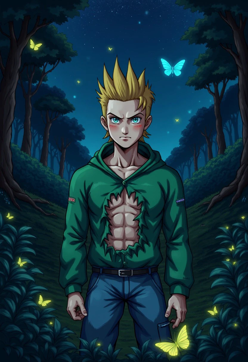 A Young man blonde hair green chaket whith hood and grey pants and black boots and green and blue eyes the chaket is broken and exposed the abs
BRAKE 
in alien forest, iluminated colors butterflys, night time, very stars in the sky