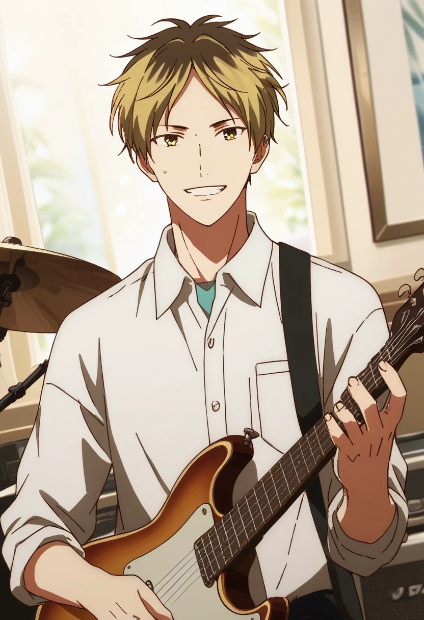 score_9, score_8_up, score_7_up, source_anime, rating_safe, HiiragiGIVEN, brown-blonde_Hiiragi_multicolored hair, yellow_Hiiragi_slit pupil eyes, 1stboy, 1stmale focus, dress shirt, casual clothes, playing instrument, electric guitar, sweatdrop, smile, hands with five fingers, blurry indoor studio, dutch angle, cute wallpaper, happy-cheery