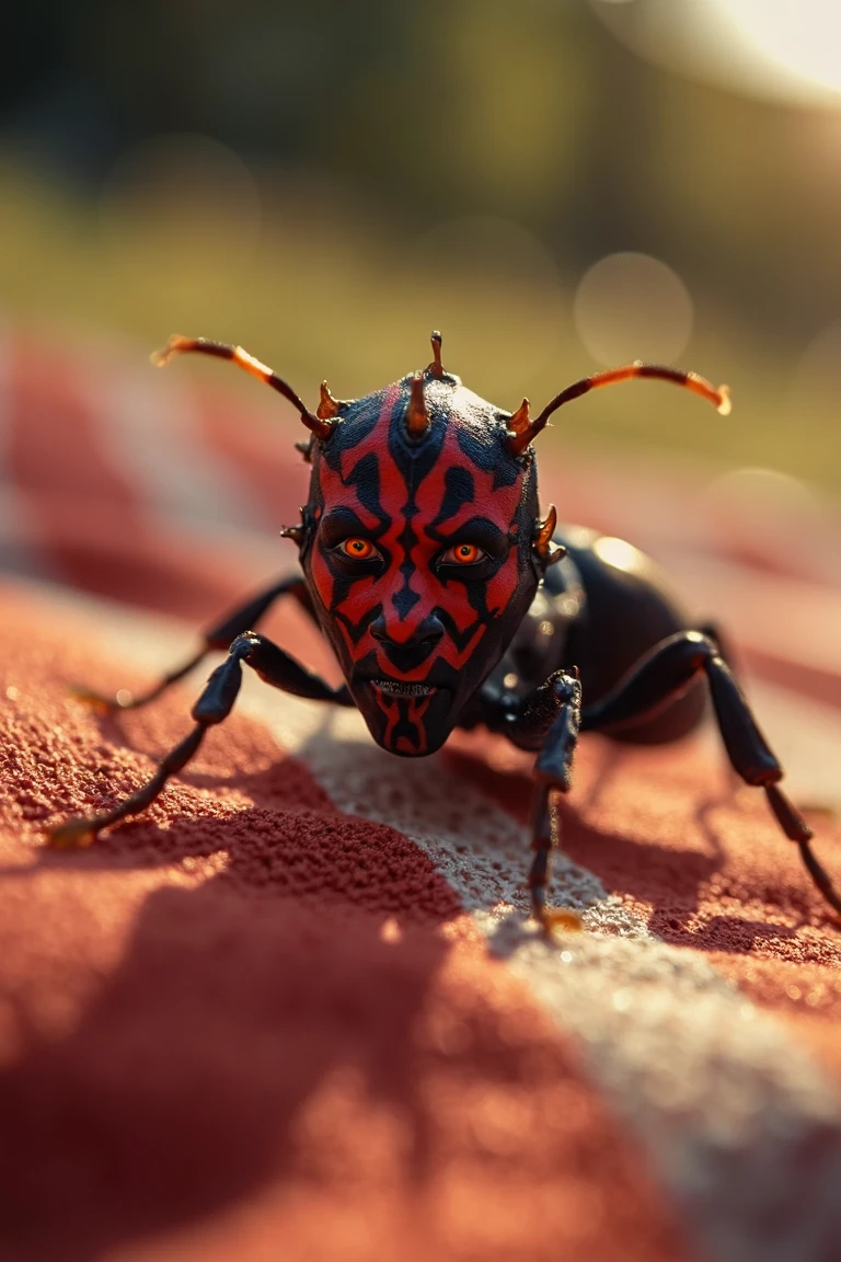 darthmaul head on top of ant's body, walking on a picnic mat, macro photography