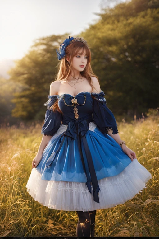 (masterpiece, best quality:1.2),illustration,8k,hd,1 girl,very long hair,standing,solo,cldqz,dress,blue dress,hair ornament,bracelet,jewelry,choker,bracelet,bow,necklace,(black pantyhose:1.2),(cleavage:1.5),(bouncing breasts:1.5),(NSFW:1.2),(outdoors:1.4),(European princess:1.3),off shoulder,<lora:ç¿ççé¦èµ :0.8>,huge breasts,