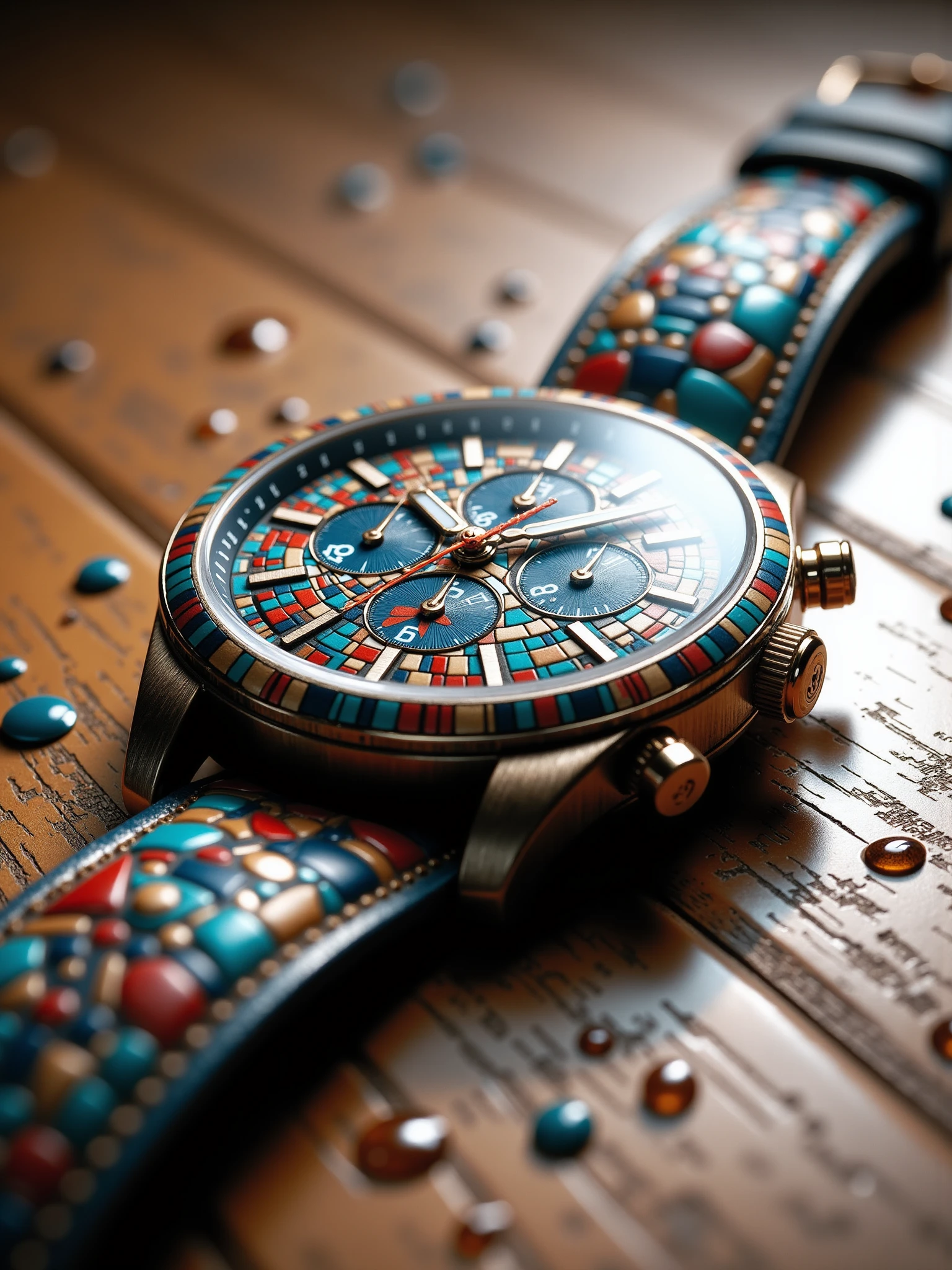 close-up of a mad-clrflmsc_flux watch with leather wristband lying on a wooden table and covered with water droplets, spotlight, reflection <lora:colorful-mosaic-flux:1>