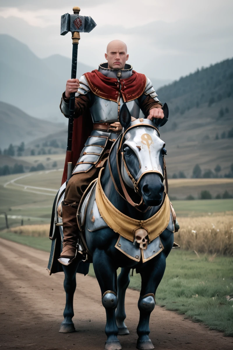 source_realistic, photorealistic snowy field, serious expression <lora:Warrior_Priest_of_Sigmar_Mark_of_Chaos-000008:0.8> w4rr1orpr1st, bald male horseback riding, swinging weapon, attacking viewer, armor, barding, black robes, capelet, gold trim, greaves, metal collar, holding war hammer, book at waist, skull symbol, facial scars, PonyXL_Scores, PonyXL_HQ, <lora:StS_detail_slider_v1:1>