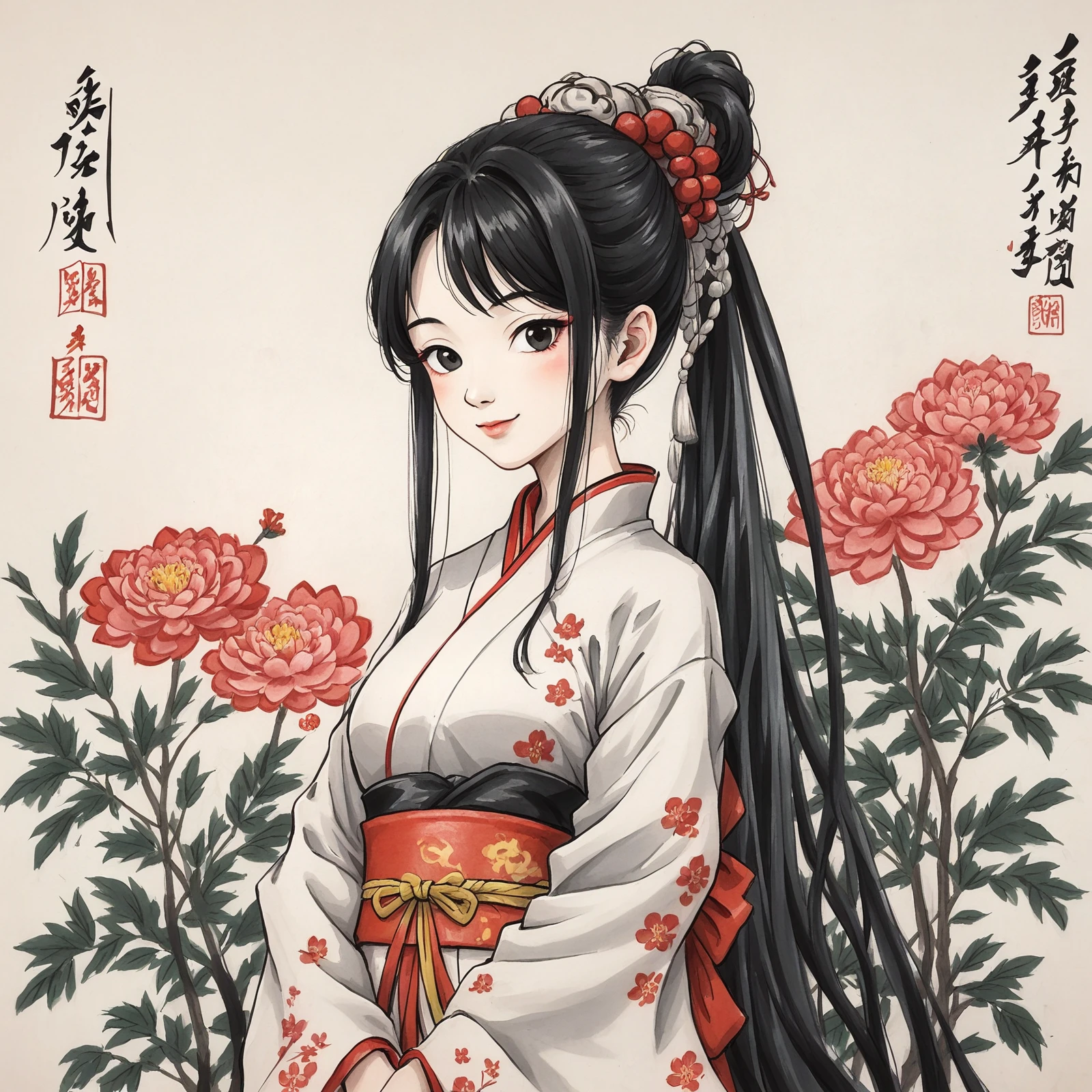 shukezouma,
a girl(looking at viewer, chinese clothes, hanfu, tied hair, absurdly long hair, floral print, chinese knot, floral print, v arms, black hair, black eyes),
traditional media, solo, upper body, traditional chinese ink painting, calligraphy brush \(medium\), peony \(flower\), portrait, floral background, pretty, garden, from side, self-portrait, , sepia,
<lora:MoXin_-_Traditional_Chinese_Painting_Style_-_Pony__F1.D_LoRA:1>,