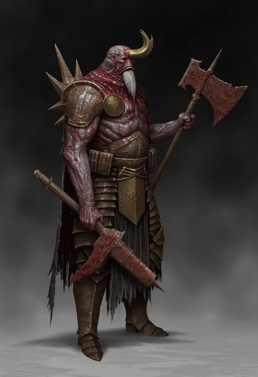 MikeFranchinastyle, shoulder armor, helmet, blood on clothes, fake horns, holding gun, holding weapon, colored skin, pauldrons, smoke, from side, hood up, white hair, standing, photoshop (medium), death, axe, 1boy, full armor, cape, facial hair, 1other, club (weapon), demon, male focus, beard, full body, blood on weapon, dark, gauntlets, spikes, ambiguous gender, boots, corpse, mace