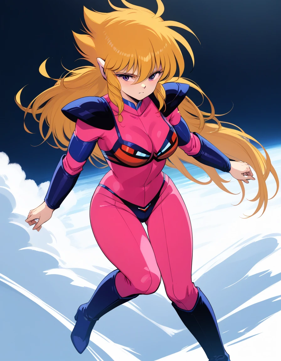 <lora:iczer1_Pony_XL_V1:1>iczer1, beam from hand, pink body suit, arm guards,  bikini armor, armor light indicator, kneehigh boots, out of earth,