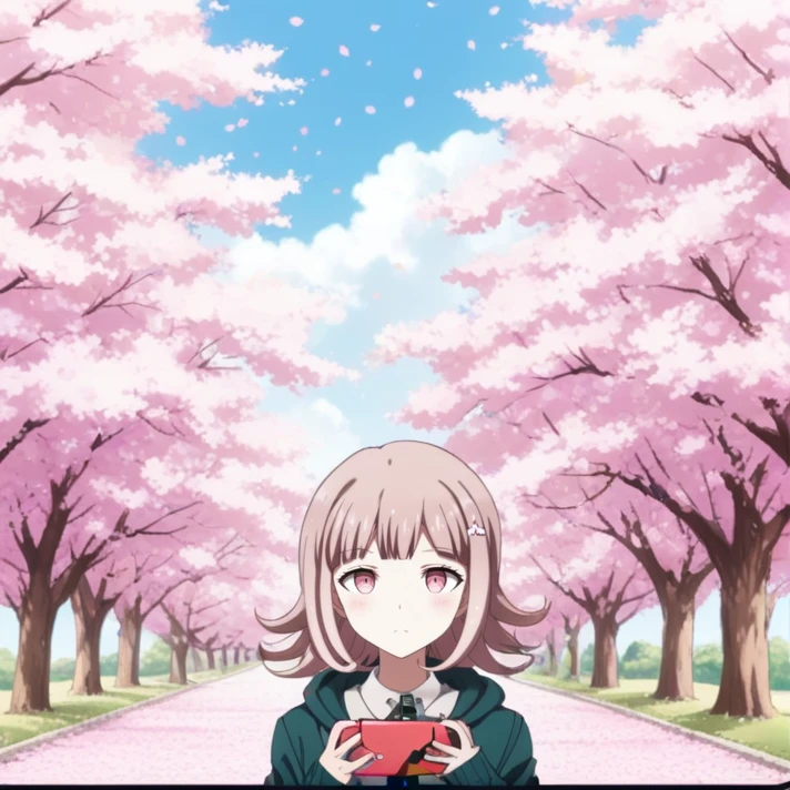 <lora:Chiaki_Nanami_SDXL:1>, A focus on Chiaki Nanami, This anime screencap is from Danganronpa the Animation. Chiaki Nanami is wearing her uniform from Danganronpa 2. Chiaki's hair slightly curls outwards, though the locks on either side of her face curl inwards. Chiaki Nanami's hair is a dusty light pink that is almost light brown. She has short straight bangs split towards the right, a white Galaga hairclip pinned to a lock of her hair. She has blossom pink eyes. She wears a white button-up shirt with a dark teal-gray front placket. She wears a light pink ribbon tied around her neck in a bow, with a pale beige pleated skirt. This also includes a one-button dark teal-gray hooded cardigan with gray horizontal lines running across the hem and sleeves, the Hope's Peak crest on the chest pocket. She also sports black thigh-high socks and light pink Mary-Jane style shoes with white soles. Chiaki Nanami is posing with a faint smile while holding a Nintendo Switch in front of her. Her right hand brushes her ear while her left hand holds the Switch in a relaxed grip. The scene is set against a backdrop of blooming cherry blossom trees with a light blue sky. The petals are falling down around her and she is framed by the blossoms.
