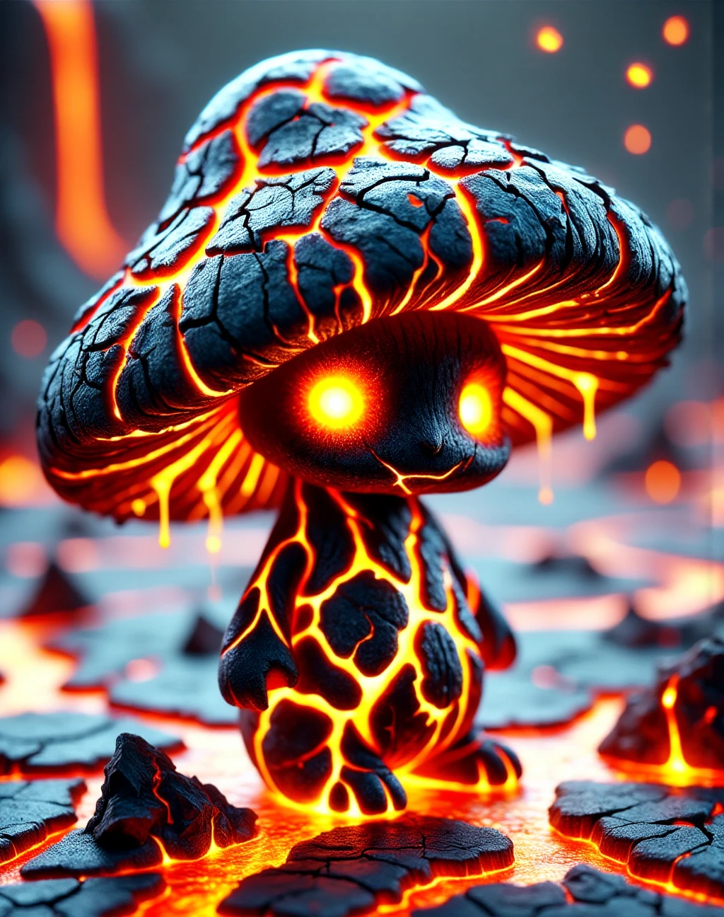 llava_wm, A small, humanoid character with a large mushroom cap as its head, reimagined in the Lava World Morph theme. The mushroom cap is formed from molten lava and jagged volcanic rock, with glowing molten veins running through its cracked surface, radiating intense heat. The glowing eyes of the character are embedded in the molten mushroom cap, burning brightly like molten embers.