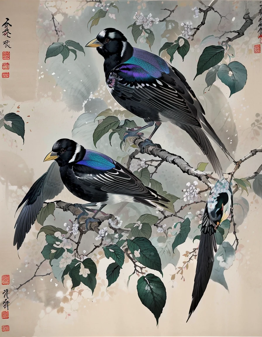 best quality,masterpiece,
<lora:Modern Chinese Ink Painting:1.25> modern chinese ink painting, ç¾ä»£ä¸åå·¥çæ°´å¢¨ç«
European Starling It has black feathers with iridescent purple and green spots.
