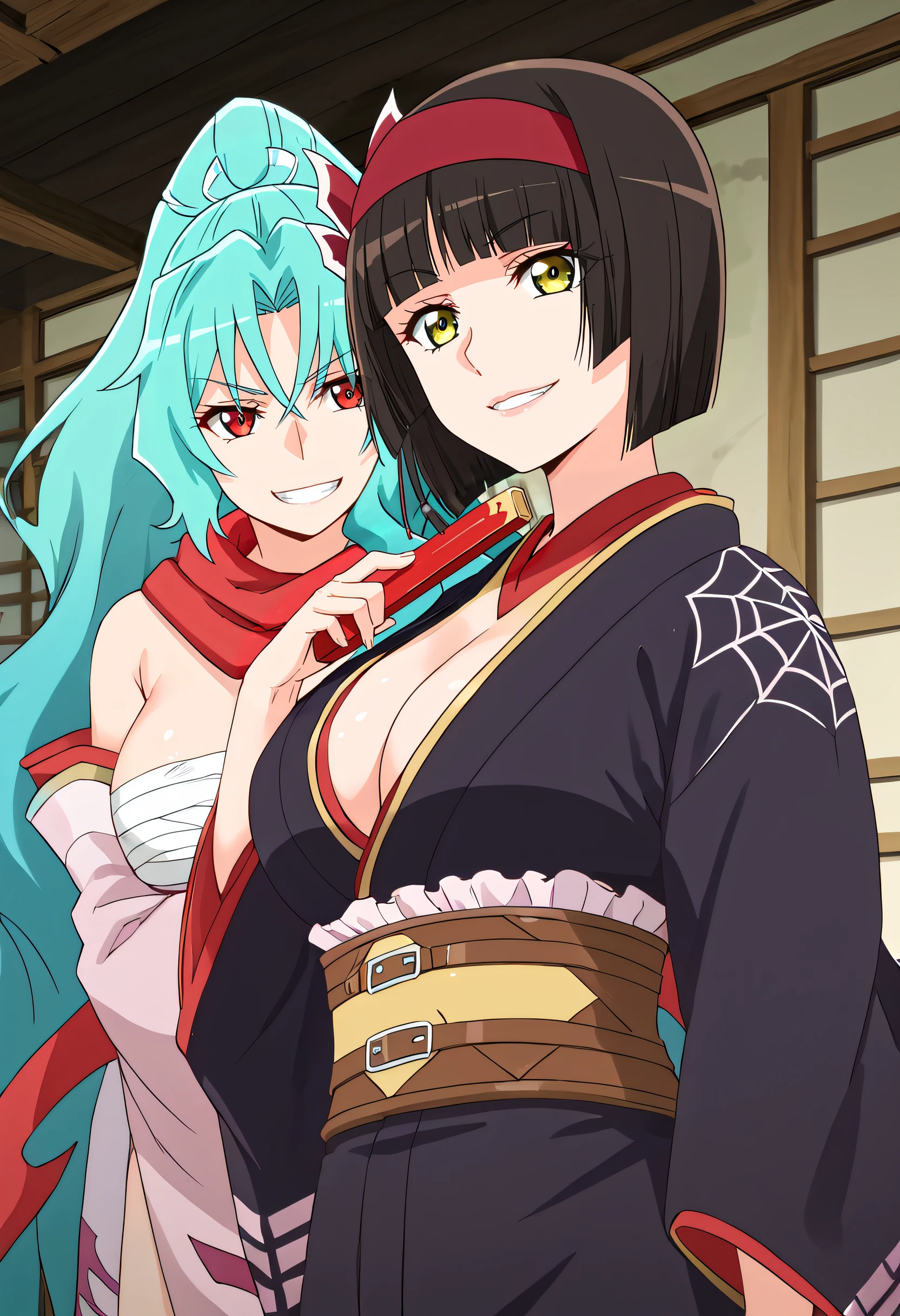 2girls, SH_Tomoe_Mio, dojo BREAK
woman, samurai, japanese clothes, katana, smirk, big breasts, bandage, cleavage BREAK
woman, black kimono, web print, wrb, japanese clothes, evil grin, contempt, hand fan, big breasts
score_9, score_8_up, score_7_up, score_6_up
<lora:SH_Mio_Tomoe:1>
<lora:Expressive_H:1> Expressiveh