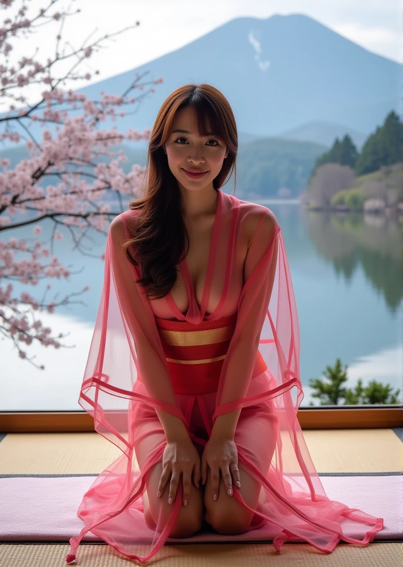 studio lighting,soft lighting,kneeling,
1girl,18yo,cleavage,covered nipples,embarrassed,<lora:tmhf:1>,tmhf,see-through kimono,
the background is mount fuji and the lake,the petals of cherry blossoms are flying in the air,
