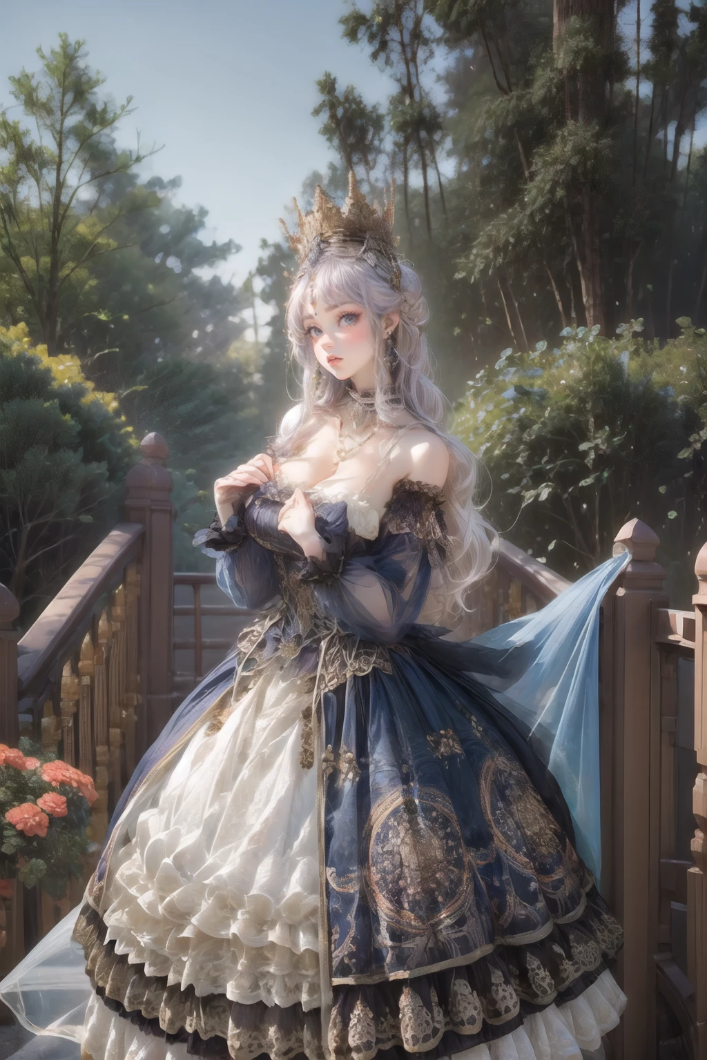 (masterpiece, best quality:1.2),illustration,8k,hd,1 girl,very long hair,standing,solo,(POV, looking at viewer,cowboy shot:1.2),(silver hair:1.2),cxzg,dress,cyan dress,tiara,detached sleeves,jewelry,necklace,frills,lace,cross-laced clothes,crown,big breasts,(cleavage:1.4),(bouncing breasts:1.2),(NSFW:1.2),(garden, outdoors :1.4),european princess,