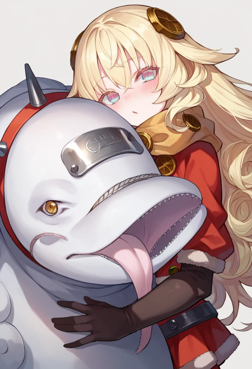 score_9, score_8_up, score_7_up, source anime, warg, 1girl, long hair, solo, blonde hair, scarf, simple background, grey background, tongue, hair ornament, blush, two tone eyes, santa costume, red cropped jacket, white dolphin covering your face, hug white dolphin, <lora:warg-xl-pony-v1-000005:1>,