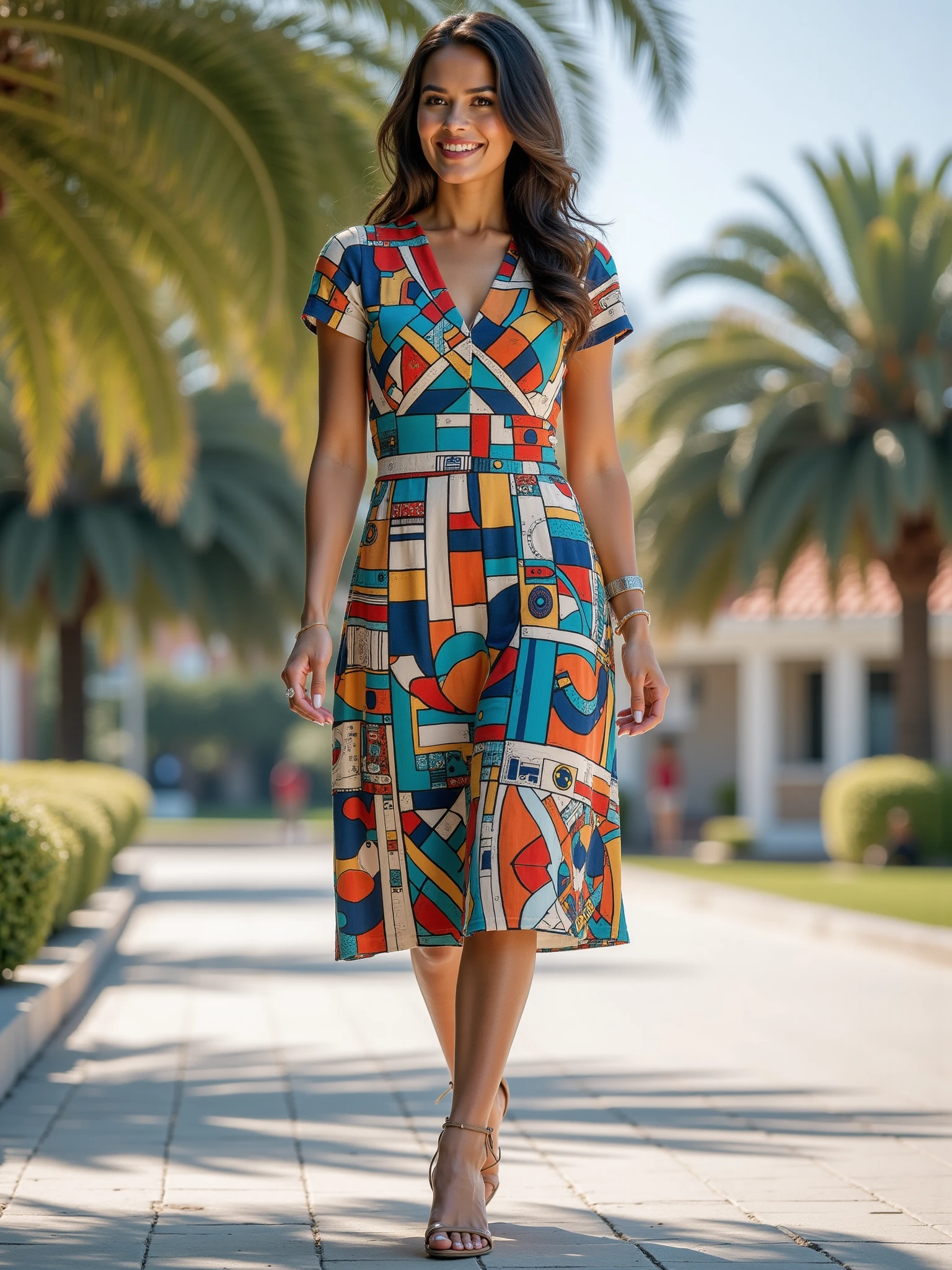 woman wearing a mad-clrflmsc_flux dress walking through a public park, smile <lora:colorful-mosaic-flux:1>