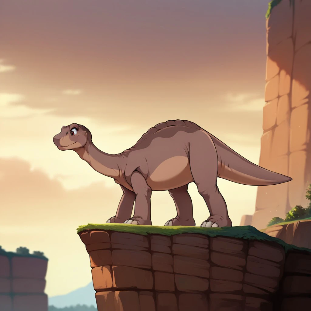 score_9, score_8_up, score_7_up, score_6_up, source_furry, littlefootlbt, feral, male, Apatosaurus, scalie, dinosaur, sauropod, brown skin, red-brown eyes, quadruped, standing, side view, on a cliff, looking down,, <lora:e06e469f-d170-4ad4-9c25-f62d4356852d:0.7>