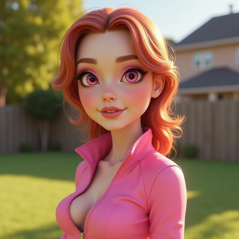 CGI of  Blossom in a jogging suit in the suburb,  <lora:PPGBlossom:1>