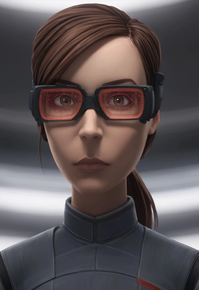 looking at viewer, goggles, 1girl, realistic, glasses, brown hair, ponytail,  brown eyes, boots, blurry background