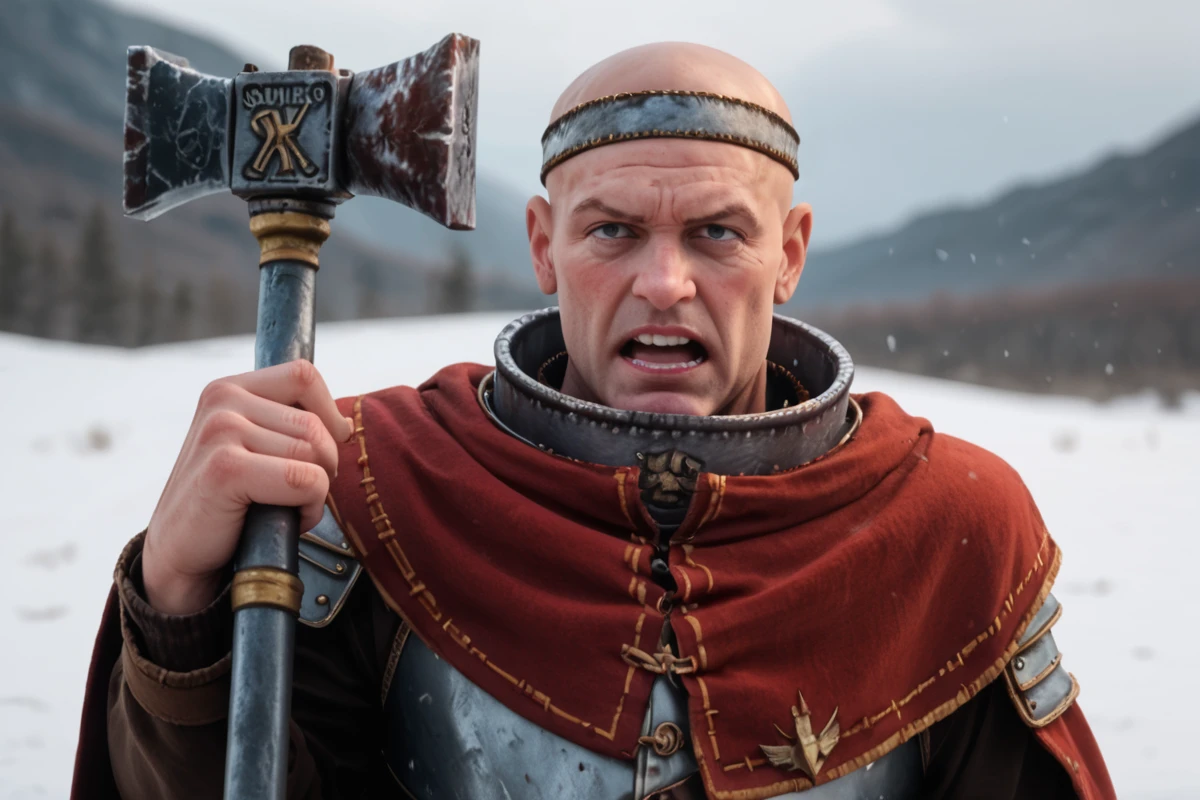 source_realistic, photorealistic snowfield, snow, serious expression <lora:Warrior_Priest_of_Sigmar_Mark_of_Chaos-000008:0.8> face close up, w4rr1orpr1st, (iron headband:1.3), bald male, open mouth, shouting, one hand raised, red and green robes, capelet, metal collar, holding war hammer over shoulder, wrinkles, wizened., PonyXL_Scores, PonyXL_HQ, <lora:StS_detail_slider_v1:1>