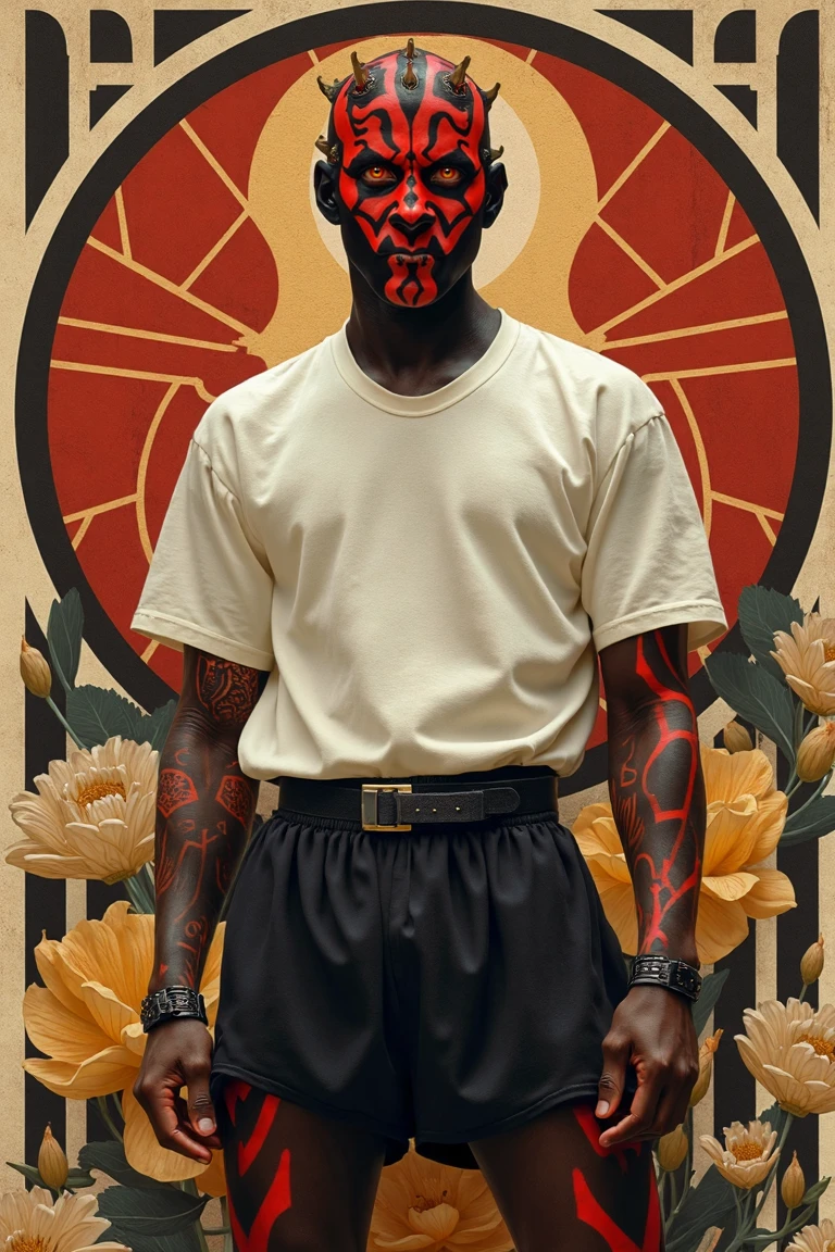 darthmaul, wearing Seagull-style Boxer shorts and t-shirt, S-shape pose, Art Deco background, detailed face, designed by John Constable, Lawrence Alma-Tadema