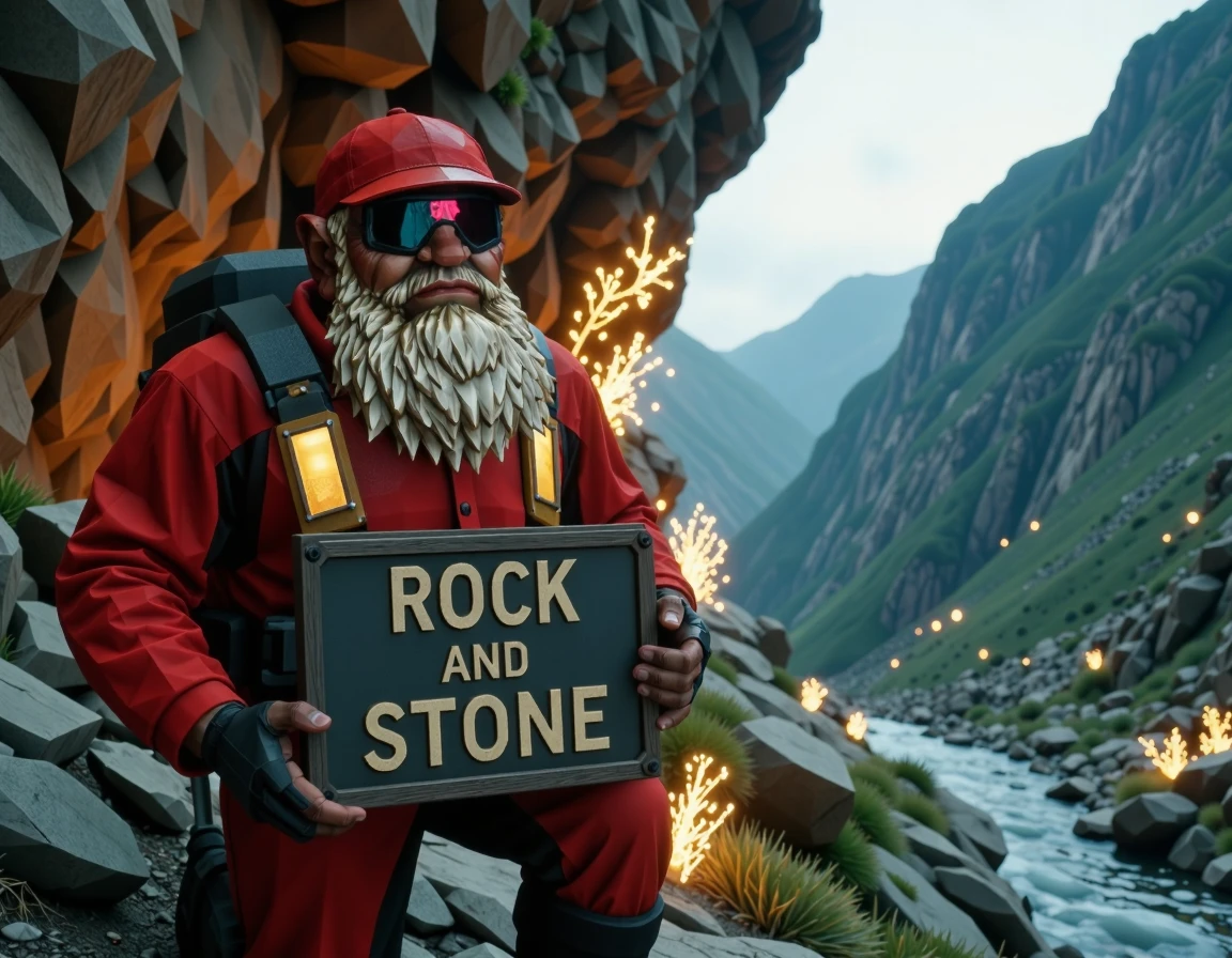 cinematic photo of dr_engineer, with huge blonde beard,  wearing red ball cap, wearing red uniform, wearing goggles,  holding a sign that says rock and stone, in a rocky mountain cliff with bio-luminescent plants 
 <lora:DeepRock-FLUX-V2-000006:0.9> deeprock