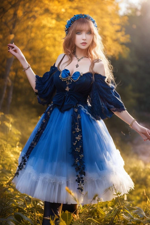 (masterpiece, best quality:1.2),illustration,8k,hd,1 girl,very long hair,standing,solo,cldqz,dress,blue dress,hair ornament,bracelet,jewelry,choker,bracelet,bow,necklace,(black pantyhose:1.2),(cleavage:1.5),(bouncing breasts:1.5),(NSFW:1.2),(outdoors:1.4),(European princess:1.3),off shoulder,<lora:ç¿ççé¦èµ :0.8>,huge breasts,