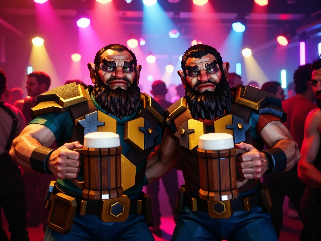 cinematic photo of 2guys, driller and scout, armor, beard, holding ale in wooden mug, dancing in a club, colorful lights, people in background, jolly good time, in a nightclub, 
 <lora:DeepRock-FLUX-V2-000006:1.0>  deeprock