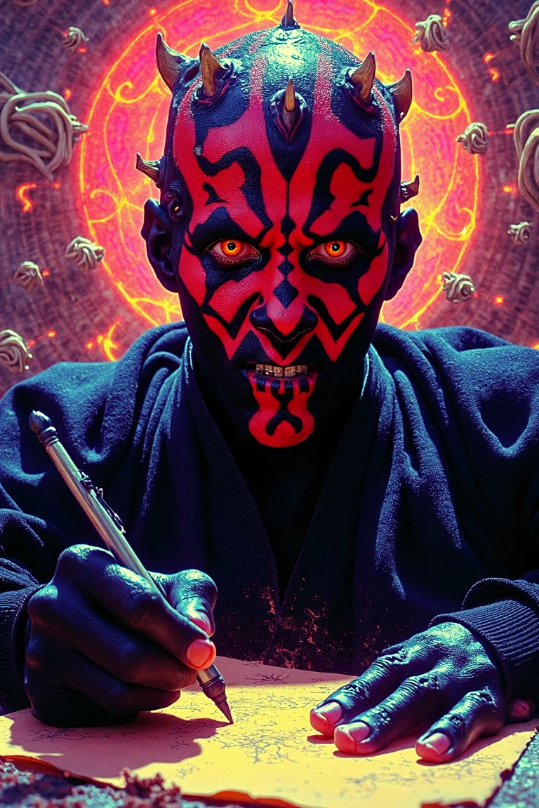 psychedelic style Hateful darthmaul, Writing, vibrant colors, swirling patterns, abstract forms, surreal, trippy