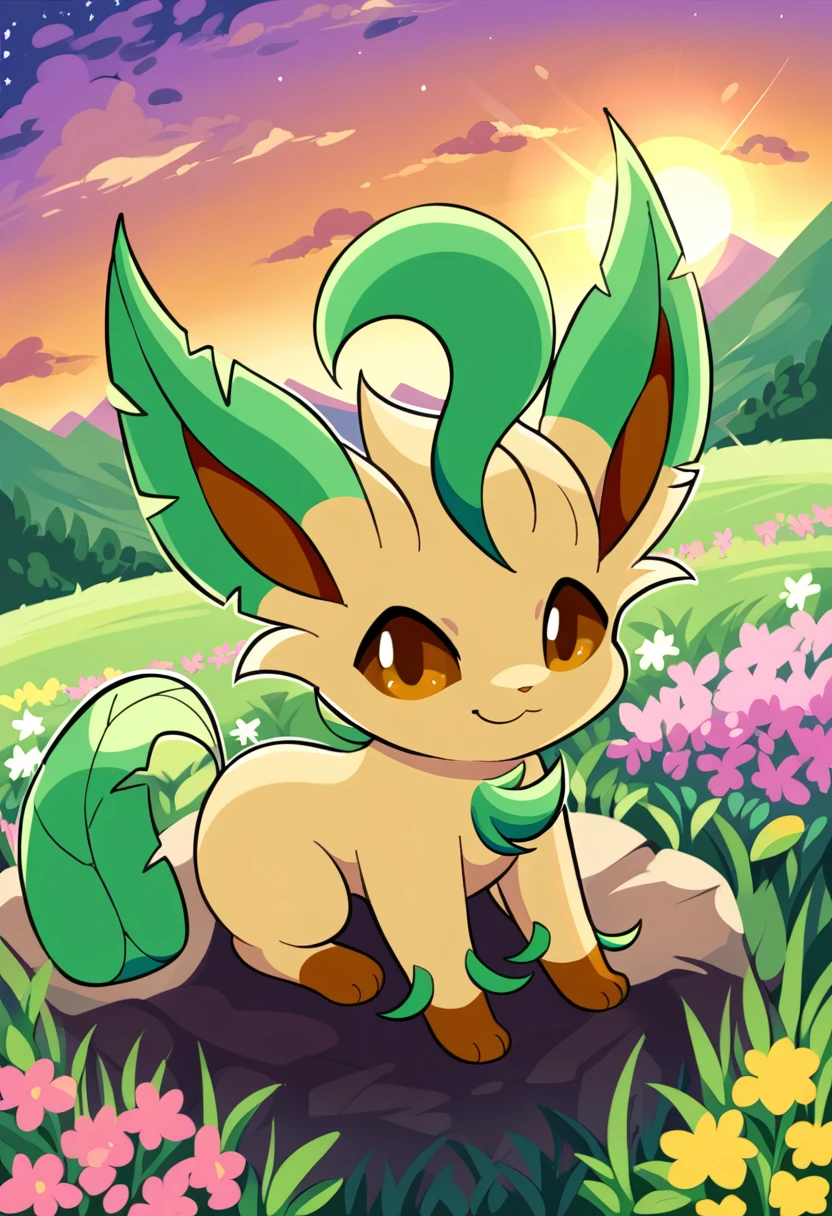 score_9, score_8_up, score_7_up, source_furry BREAK
L34F30N, long ears, brown eyes, tan body, dark brown paws, green body sprouts, green leafy ears, green leafy tail, brown nose, quadraped, brown inner ears, solo, chibi
lying, smile
background: flower field, wildflowers, rocks, mountain, sunset, evening, lens flare
dutch angle
 <lora:Leafeon:0.8>