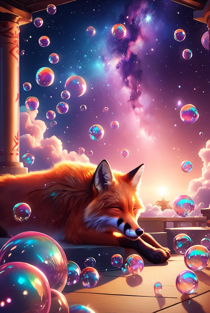 <lora:Dream_Bubble_Pony_r1:1>, dream bubble, fox, ancient shrine, pillars with soft rainbow light, sleeping on sea of dream bubbles, galaxies, stars, soft twilight,  side view, score_9, score_8_up, score_7_up, score_6_up,