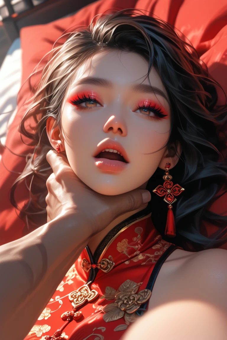 score_9, score_8_up, score_7_up, score_6_up, (asian), hetero, 1girl lying on her back on a bed, wearing a red chinese qipao, looking at viewer, detailed, realistic, low lights, masterpiece, highly detailed, beautiful hair, makeup, jewellery, accessories, neckchoke, 1girl, 1boy, hand on neck, pov choke, mouth open, eyes rolling back