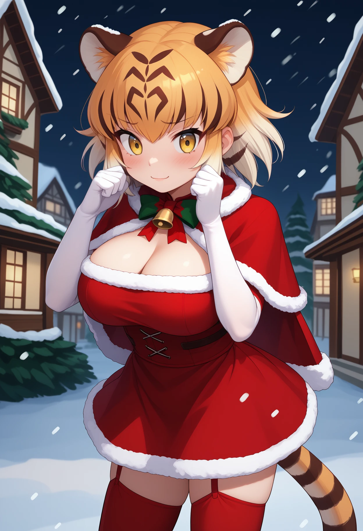 score_9, score_8_up, score_7_up, source_anime, <break> solo, 1girl, kft1ger, tiger tail, blush, flustered, light smile, closed mouth, looking at you, standing, hands up, ^^^, animal ears, extra ears, christmas, fur trim, red capelet, fur-trimmed capelet, tube top, red bandeau, white gloves, elbow gloves, red skirt, miniskirt, red thighhighs, garter straps, bare shoulders, cleavage, large breasts, snowing, outdoors
<segment:yolo-face_yolov8m.pt,0.4,0.5//cid=1>