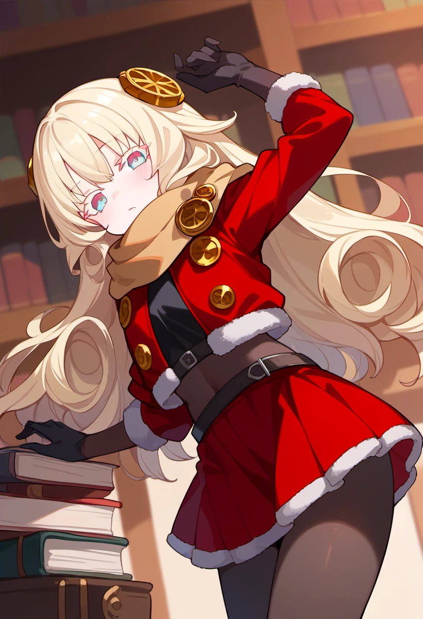 score_9, score_8_up, score_7_up, source anime, warg, 1girl, solo, long hair, pantyhose, blonde hair, gloves, scarf, belt, blush, santa costume, black pantyhose, colored eyelashes, black gloves, red skirt, hair ornament, two tone eyes, red cropped jacket, bent over, from below, Pick up the book, library, arm up, <lora:warg-xl-pony-v1-000005:1>,