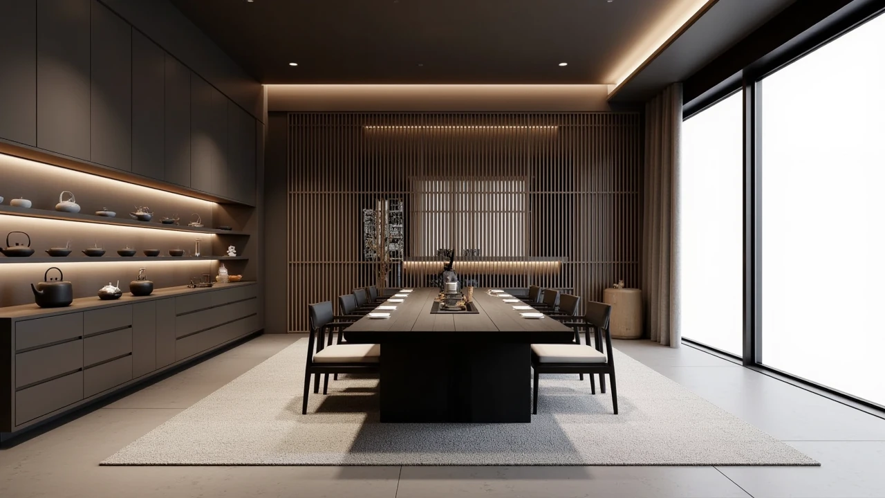 Chinese-style tea room design,with a modern minimalist style featuring a dark wood and light gray color scheme. On the left side,a wall shelf displays various Chinese teapots. In the center of the space,a large black stone table is surrounded by chairs. On the right,a floor-to-ceiling window allows natural light to enter. Behind the desk,a wooden grid wall adds texture to the high-ceilinged room. Ambient lighting creates soft shadows,enhancing the overall atmosphere.,